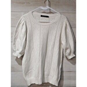 MEROKEETY Women's WHITE Puff Short Sleeve Sweater Crew Neck Crochet Knit Soft XL